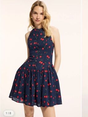 Hutch Roma Dress Navy Cherry Print Halter Fit-and-Flare Dress pockets